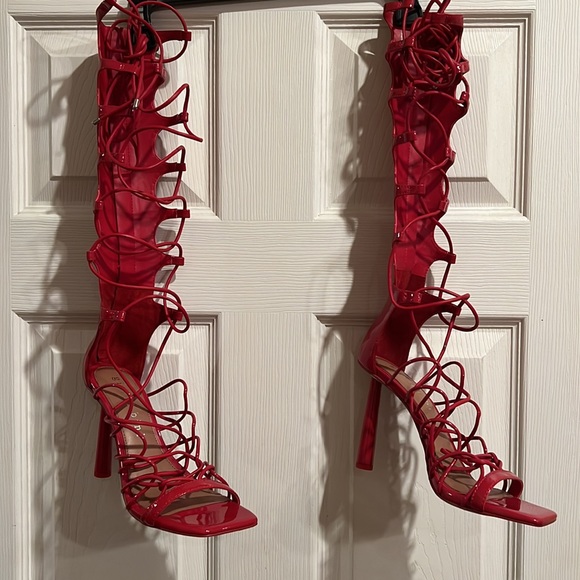 Gianni Bini Rydelle Synthetic Patent Tall Ankle Wrap Lace-Up Dress Sandals - Picture 2 of 5